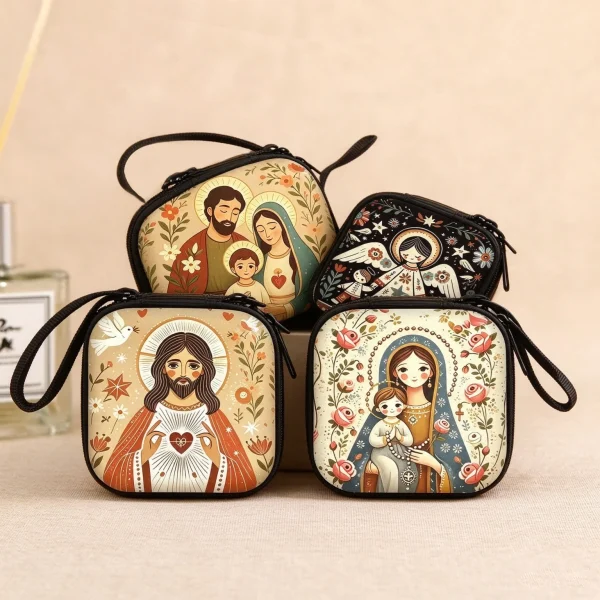 Catholic Rosary Pouch Holder Prayer Beads Bag Holy Family Virgin Mary Sacred Heart Jesus Folk Art Catholic Rosary Case