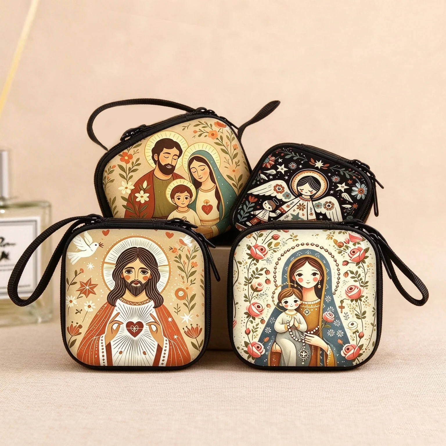 H6f2514e25cc84554852da0fbf45ab3288 Catholic Rosary Pouch Holder Prayer Beads Bag Holy Family Virgin Mary Sacred Heart Jesus Folk Art Catholic Rosary Case - Image 1