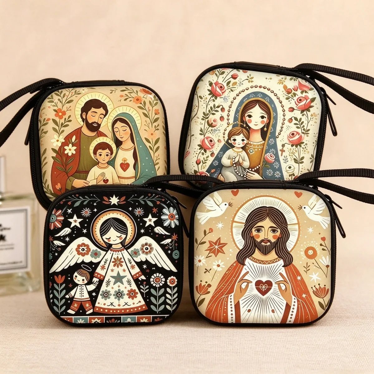 Catholic Rosary Pouch Holder Prayer Beads Bag Holy Family Virgin Mary Sacred Heart Jesus Folk Art Catholic Rosary Case - Image 3