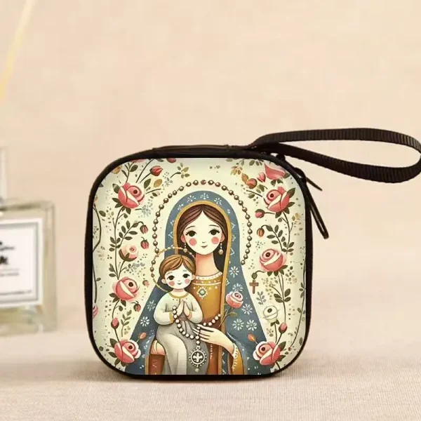 Catholic Rosary Pouch Holder Prayer Beads Bag Holy Family Virgin Mary Sacred Heart Jesus Folk Art Catholic Rosary Case