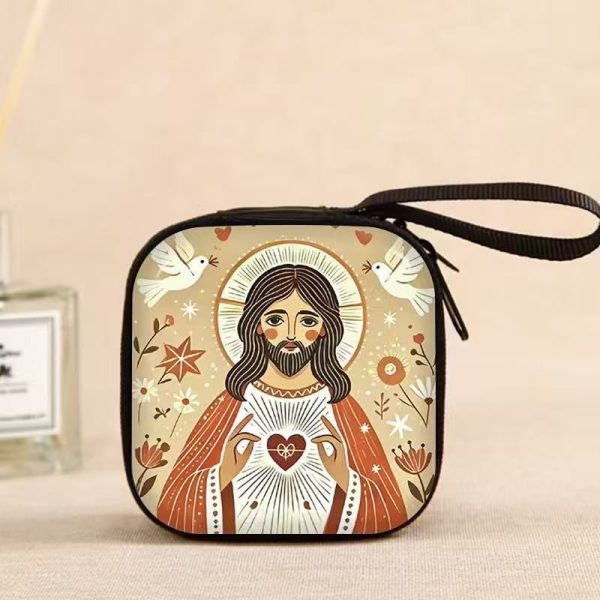 Catholic Rosary Pouch Holder Prayer Beads Bag Holy Family Virgin Mary Sacred Heart Jesus Folk Art Catholic Rosary Case &