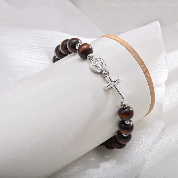 Wholesale Wooden Round Cross Elastic Bracelet Catholic Religious Beaded Charm Bracelet Unisex Jewelry Accessories