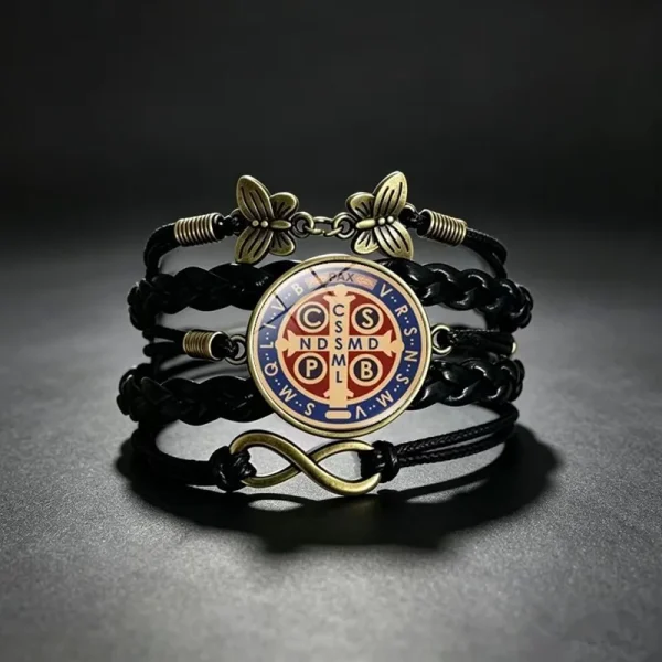 Wholesale St Benedict Medal Leather Wrap Bracelet Vintage Punk Multi Layer Braided Cord Jewelry Men Women