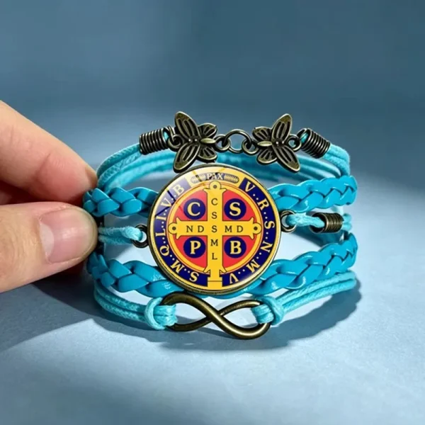 Wholesale St Benedict Medal Leather Wrap Bracelet Vintage Punk Multi Layer Braided Cord Jewelry Men Women