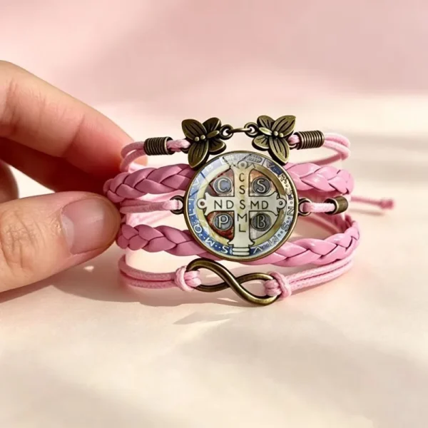 Wholesale St Benedict Medal Leather Wrap Bracelet Vintage Punk Multi Layer Braided Cord Jewelry Men Women