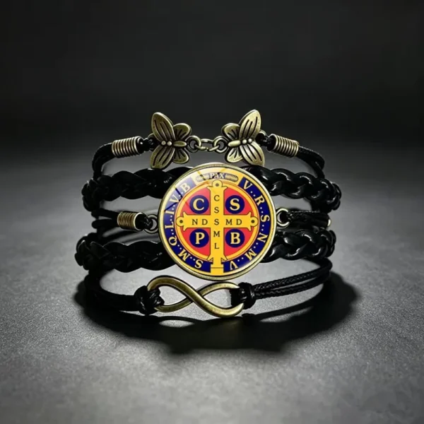 Wholesale St Benedict Medal Leather Wrap Bracelet Vintage Punk Multi Layer Braided Cord Jewelry Men Women