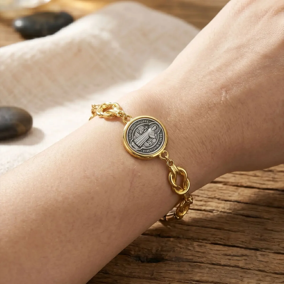 Wholesale Zinc Alloy Vintage Religious Portrait Charm Pendant Bracelet Knot Design Catholic Saint Benedict Jewelry Unisex - Image 2