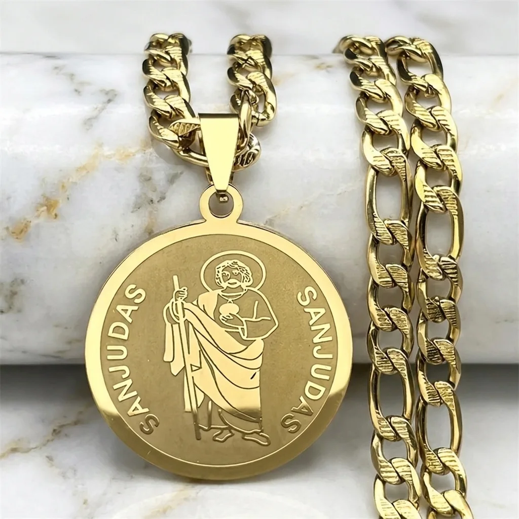 H2aa23ff400044ddea4c028e780121ed1C Wholesale Stainless Steel St Jude Thaddeus Medal Pendant Necklace Cuban Chain Religious Jewelry Men Women - Image 1