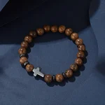 Wholesale Wood Bead Bracelet Cross Charm Strand Bracelet Men Fashion Jewelry Accessories Gift - Image 5