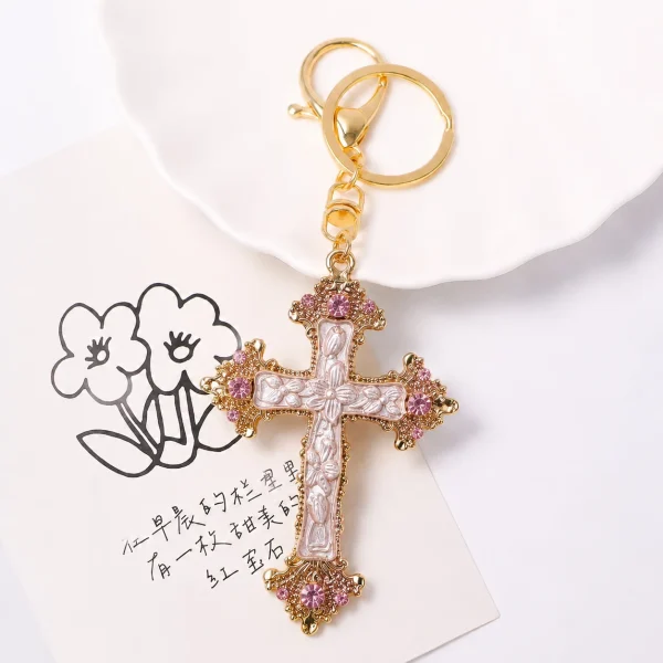 Wholesale Zinc Alloy Rhinestone Cross Keychain Key Ring Drip Oil Charm Light Luxury Gift Key Holder Accessory