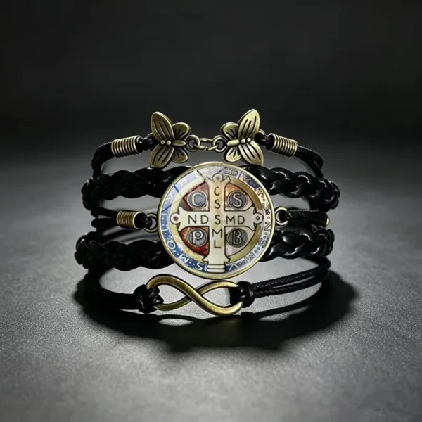 Wholesale St Benedict Medal Leather Wrap Bracelet Vintage Punk Multi Layer Braided Cord Jewelry Men Women