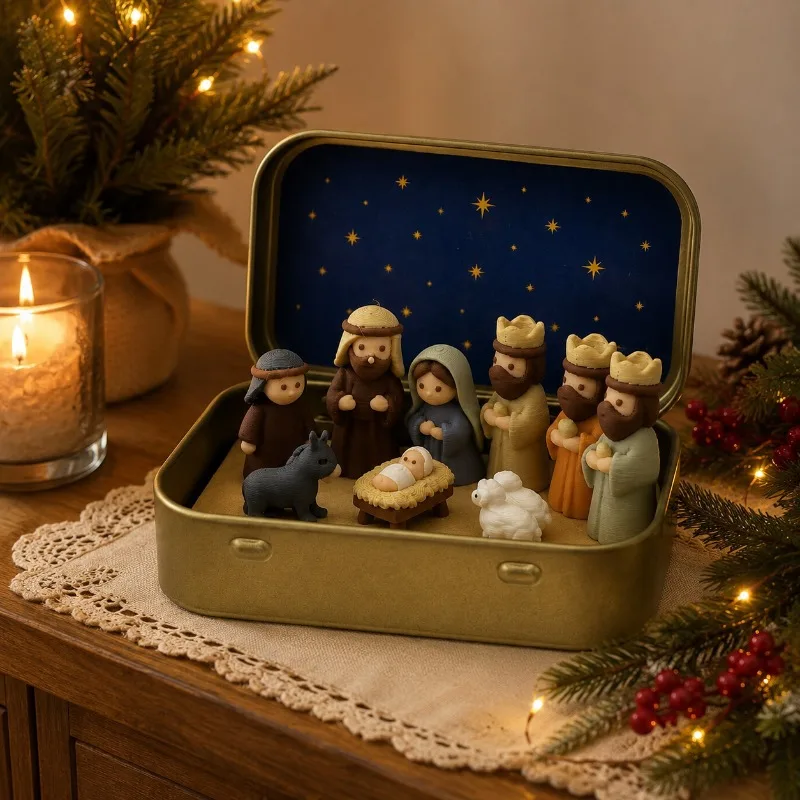 H403f092130264720b74230296de4c439m Mini Christmas Nativity Set in Tin Box - Image 1