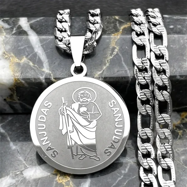 Wholesale Stainless Steel St Jude Thaddeus Medal Pendant Necklace Cuban Chain Religious Jewelry Men Women