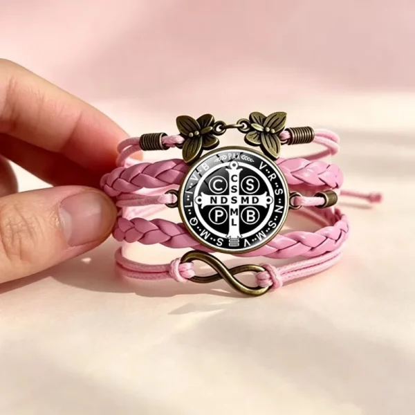 Wholesale St Benedict Medal Leather Wrap Bracelet Vintage Punk Multi Layer Braided Cord Jewelry Men Women