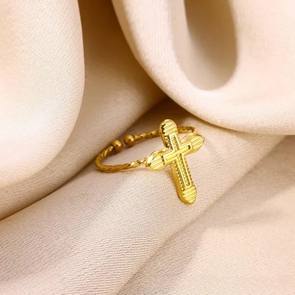 Wholesale Stainless Steel Cross Ring Double Layer Band Ring Women Fashion Jewelry Gold Color Antique Rings