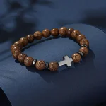 Wholesale Wood Bead Bracelet Cross Charm Strand Bracelet Men Fashion Jewelry Accessories Gift