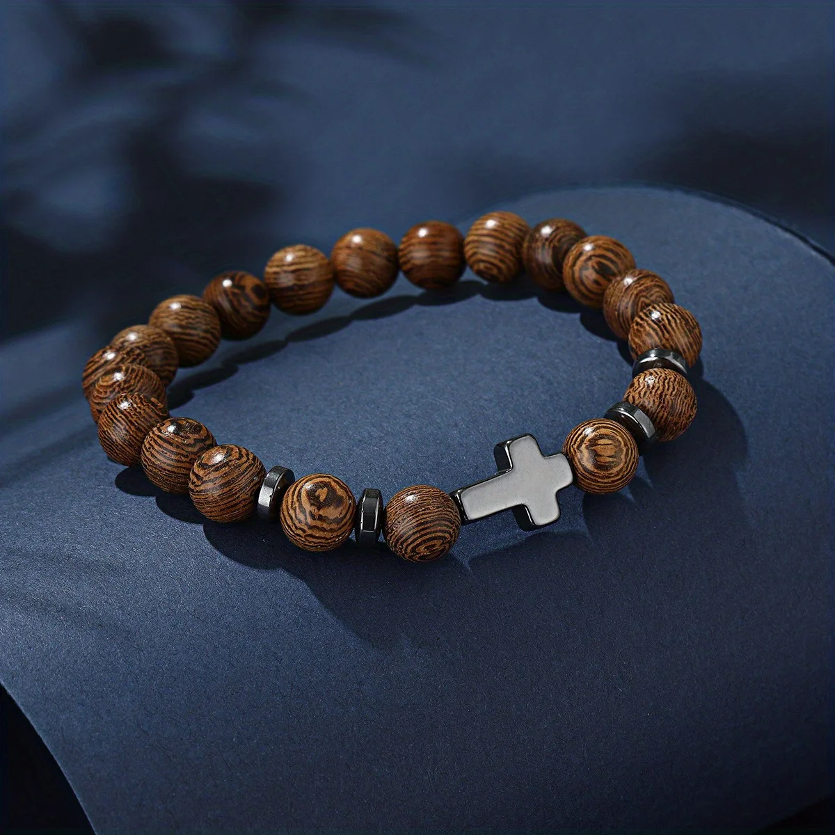 H60f621ee96c64cd09814e0d4a681958dZ Wholesale Wood Bead Bracelet Cross Charm Strand Bracelet Men Fashion Jewelry Accessories Gift - Image 1