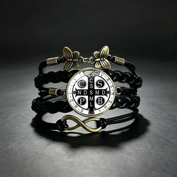 Wholesale St Benedict Medal Leather Wrap Bracelet Vintage Punk Multi Layer Braided Cord Jewelry Men Women