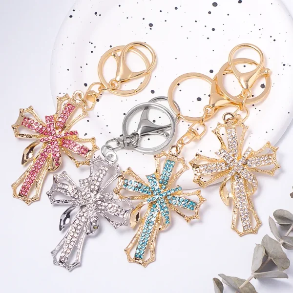 Wholesale Metal Rhinestone Cross Keychain Small Keychain Charm Car Bag Key Chain Accessories Gift
