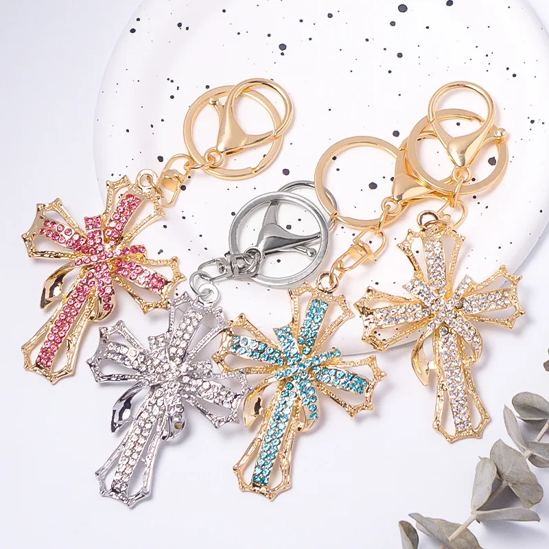 H6fa67e5d24fd460d8f67f46aee2a004bN Wholesale Metal Rhinestone Cross Keychain Small Keychain Charm Car Bag Key Chain Accessories Gift - Image 1