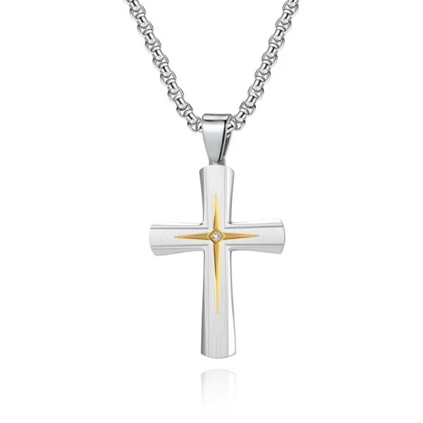 Wholesale Stainless Steel Lightning Cross Pendant Necklace Men Punk Vintage Two Tone Jewelry Gift