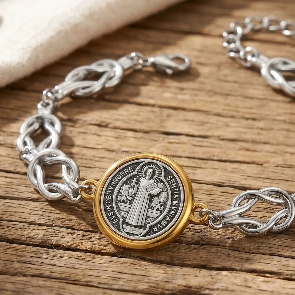 Wholesale Zinc Alloy Vintage Religious Portrait Charm Pendant Bracelet Knot Design Catholic Saint Benedict Jewelry Unisex - Image 4