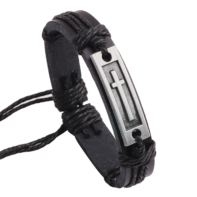 H7cd759a9e0894b2ab2ee20ed80a74c101 Wholesale Metal Alloy PU Leather Cross Charm Bracelet Religious Wristband Men Women Fashion Jewelry Accessories - Image 1
