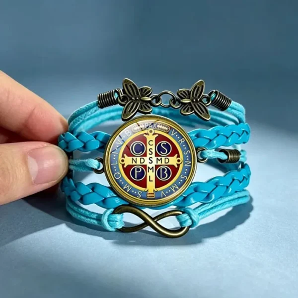 Wholesale St Benedict Medal Leather Wrap Bracelet Vintage Punk Multi Layer Braided Cord Jewelry Men Women