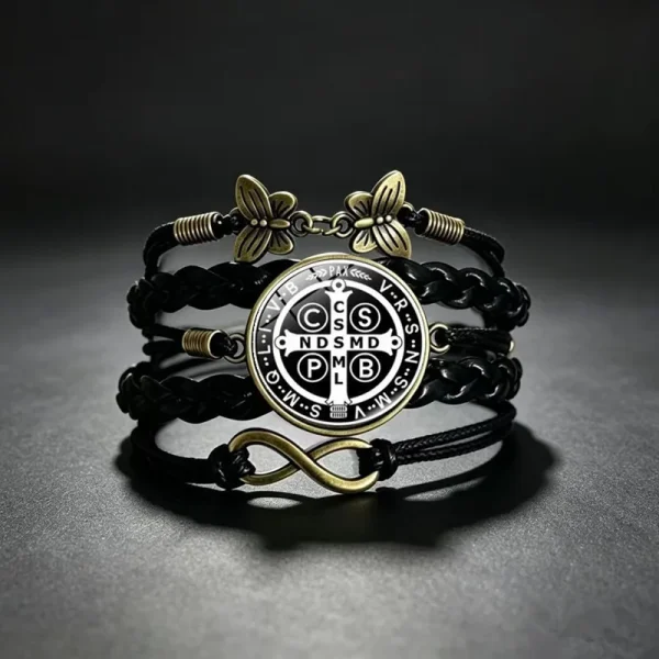 Wholesale St Benedict Medal Leather Wrap Bracelet Vintage Punk Multi Layer Braided Cord Jewelry Men Women