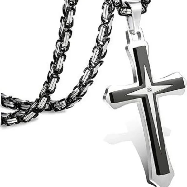Wholesale Zinc Alloy Rhinestone Cross Pendant Necklace Men Fashion Jewelry Two Tone Double Layer DIY Accessories