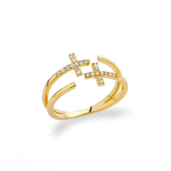 Wholesale Stainless Steel Cross Ring Double Layer Band Ring Women Fashion Jewelry Gold Color Antique Rings