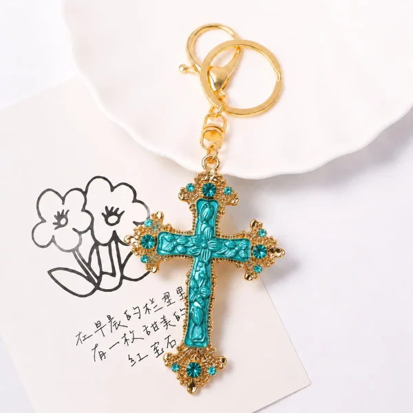 Wholesale Zinc Alloy Rhinestone Cross Keychain Key Ring Drip Oil Charm Light Luxury Gift Key Holder Accessory
