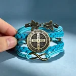 Wholesale St Benedict Medal Leather Wrap Bracelet Vintage Punk Multi Layer Braided Cord Jewelry Men Women - Image 4
