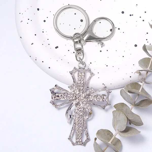 Wholesale Metal Rhinestone Cross Keychain Small Keychain Charm Car Bag Key Chain Accessories Gift