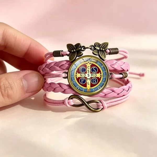 Wholesale St Benedict Medal Leather Wrap Bracelet Vintage Punk Multi Layer Braided Cord Jewelry Men Women