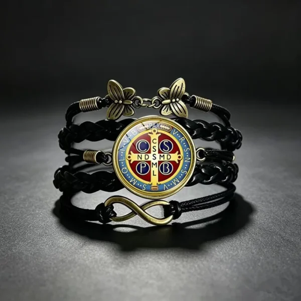 Wholesale St Benedict Medal Leather Wrap Bracelet Vintage Punk Multi Layer Braided Cord Jewelry Men Women