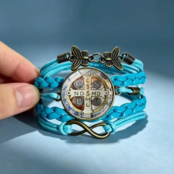 Wholesale St Benedict Medal Leather Wrap Bracelet Vintage Punk Multi Layer Braided Cord Jewelry Men Women