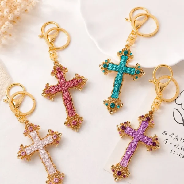 Wholesale Zinc Alloy Rhinestone Cross Keychain Key Ring Drip Oil Charm Light Luxury Gift Key Holder Accessory