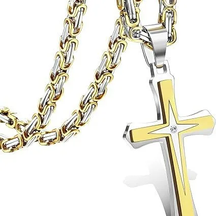 Wholesale Zinc Alloy Rhinestone Cross Pendant Necklace Men Fashion Jewelry Two Tone Double Layer DIY Accessories