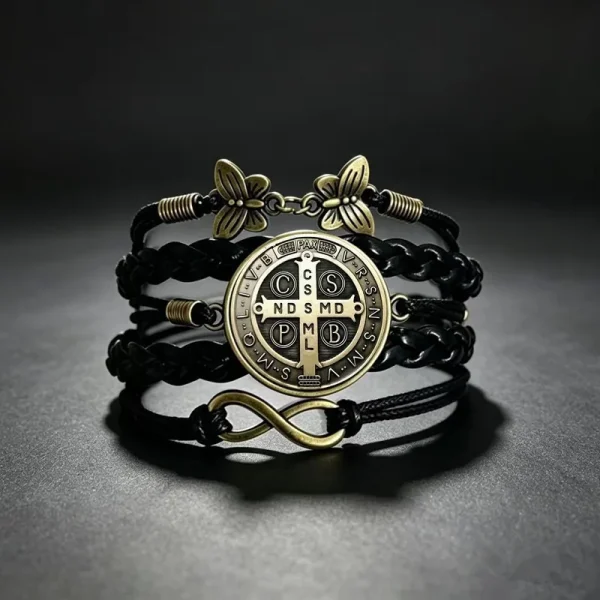 Wholesale St Benedict Medal Leather Wrap Bracelet Vintage Punk Multi Layer Braided Cord Jewelry Men Women