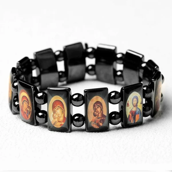 Hematite Orthodox Icon Bracelet Oil-Drop Alloy Bracelet Catholic Gift Religious Christian Devotional Saint Portrait Jewe