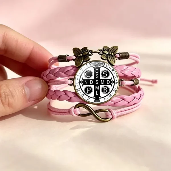 Wholesale St Benedict Medal Leather Wrap Bracelet Vintage Punk Multi Layer Braided Cord Jewelry Men Women