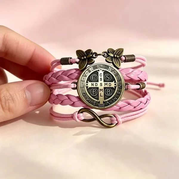 Wholesale St Benedict Medal Leather Wrap Bracelet Vintage Punk Multi Layer Braided Cord Jewelry Men Women
