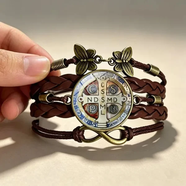 Wholesale St Benedict Medal Leather Wrap Bracelet Vintage Punk Multi Layer Braided Cord Jewelry Men Women