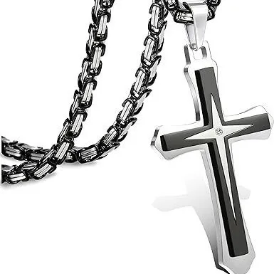 Wholesale Zinc Alloy Rhinestone Cross Pendant Necklace Men Fashion Jewelry Two Tone Double Layer DIY Accessories