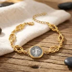 Wholesale Zinc Alloy Vintage Religious Portrait Charm Pendant Bracelet Knot Design Catholic Saint Benedict Jewelry Unisex