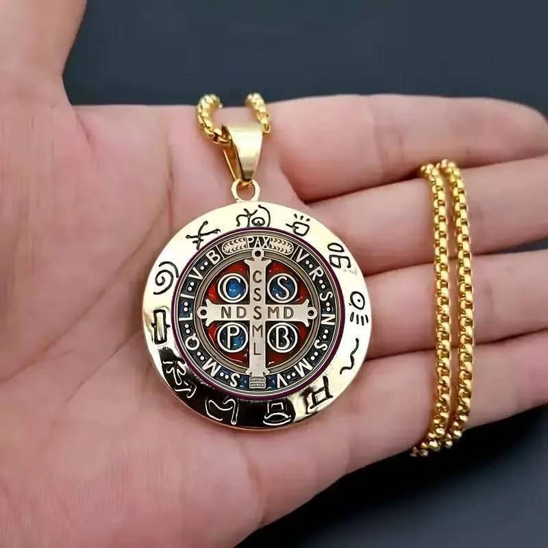He17872a89714437a9b25a1e94789d4efJ Wholesale Zinc Alloy St Benedict Exorcism Medal Pendant Necklace Vintage Hip Hop Round Charm Sweater Chain Religious Jewelry - Image 1