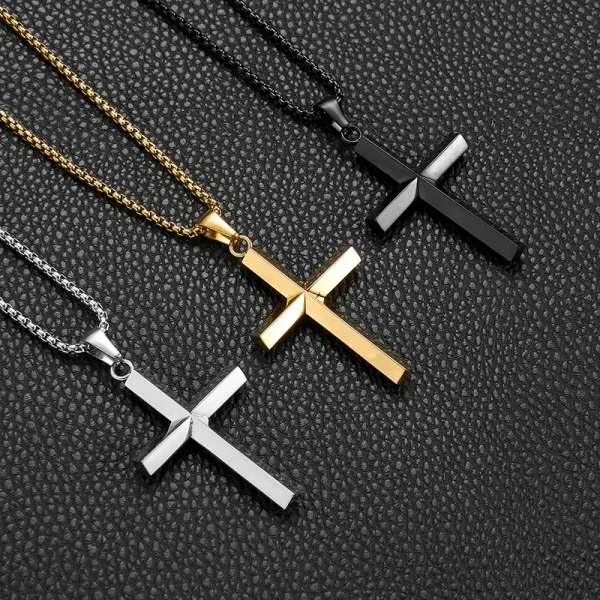 Wholesale Titanium Steel Cross Pendant Necklace Men Fashion Simple Rhombus Beveled Square Pearl Chain Jewelry Accessorie