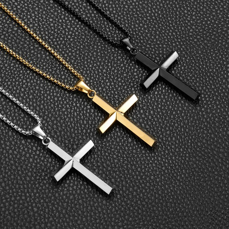He58375224214489ab31503fa270d6354u Wholesale Titanium Steel Cross Pendant Necklace Men Fashion Simple Rhombus Beveled Square Pearl Chain Jewelry Accessories - Image 1
