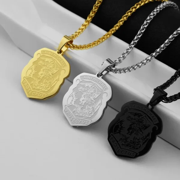 Stainless Steel Archangel Saint Michael Shield Pendant Necklace Unisex Trendy Religious Jewelry Wholesale